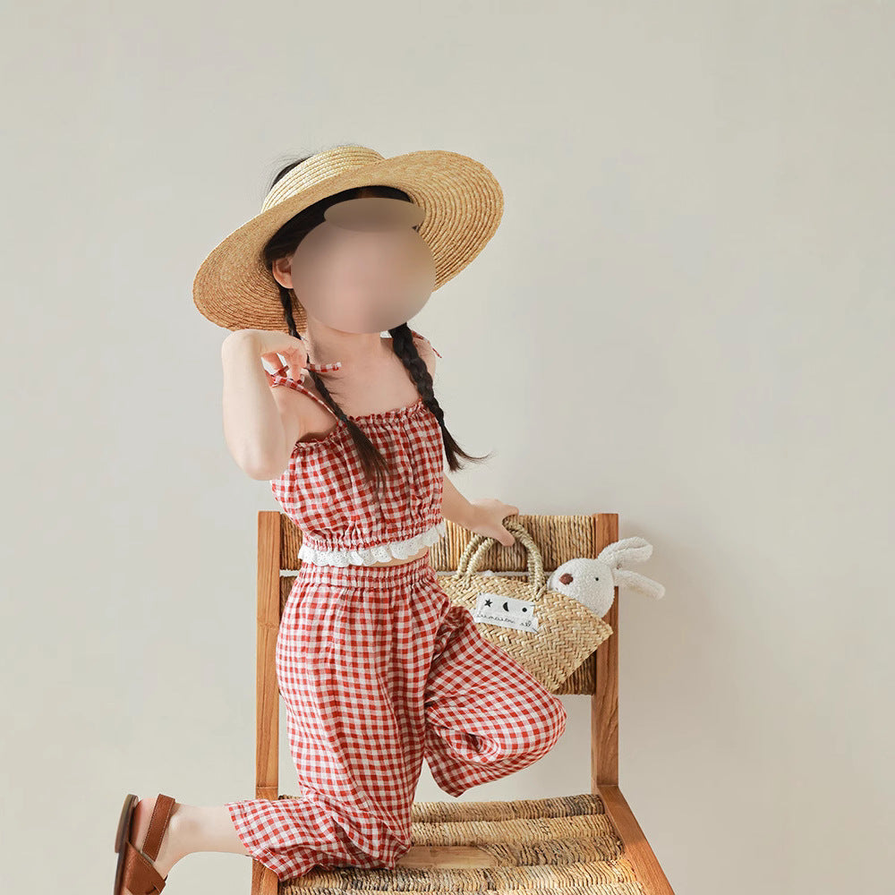 Girls' Casual Plaid Sleeveless Tank Top amp; Long Pants 2-Piece Set for Summer, Loose Fit Kids' Outfit