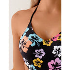 Flower print sexy backless drawstring hollow women's one-piece swimsuit