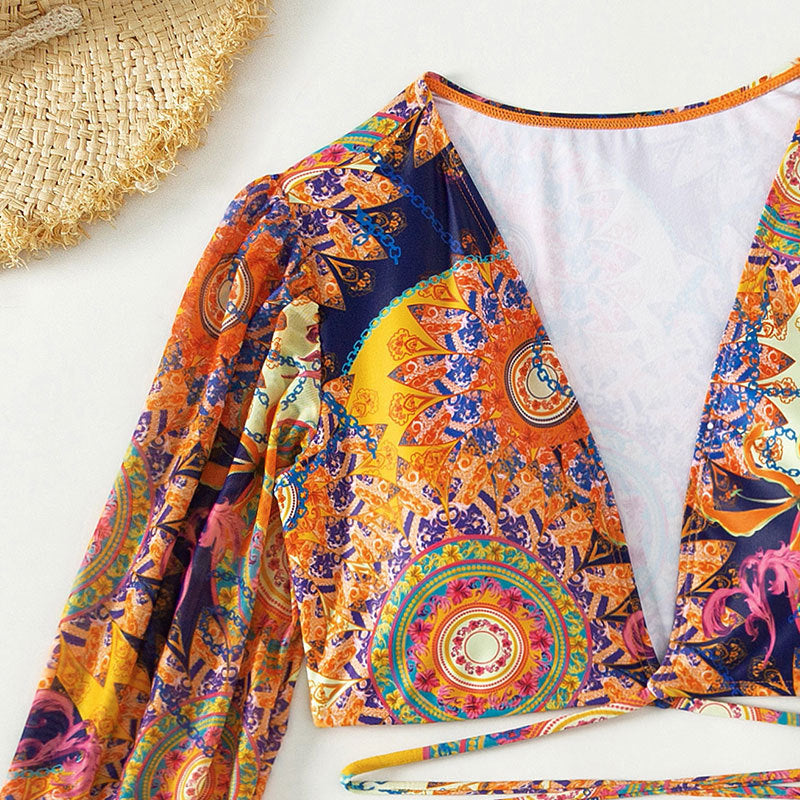 Sexy Deep V Tie-Up Printed Three-Piece Separated Swimsuit for Women