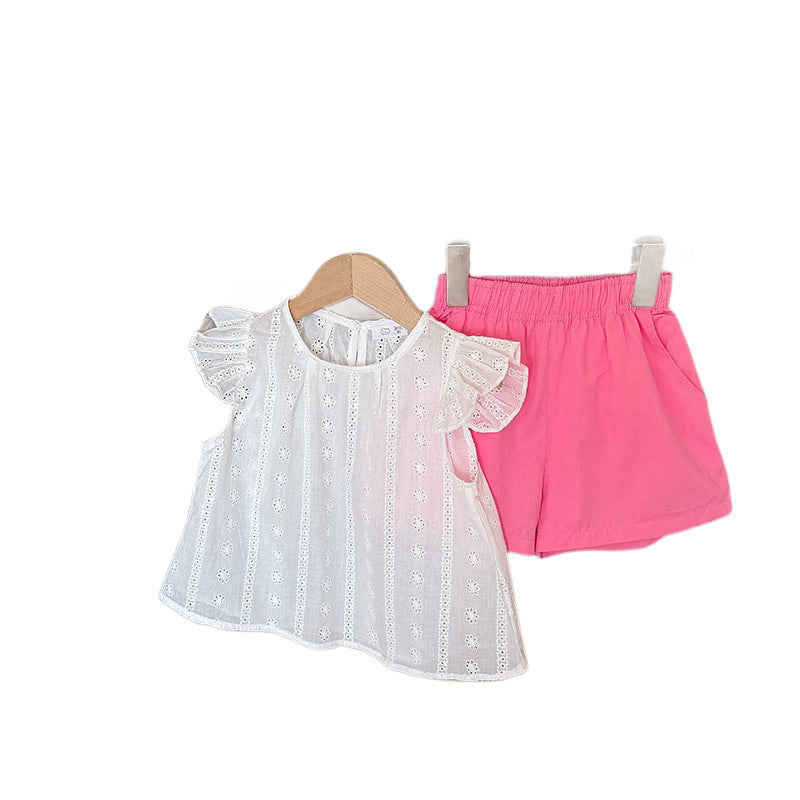 Girls' Summer  Flutter Sleeve Hollow-Out Cotton Princess A-Line Shirt Shorts Set