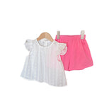 Girls' Summer  Flutter Sleeve Hollow-Out Cotton Princess A-Line Shirt Shorts Set