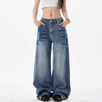 Retro Rivet Wide Leg Jeans for Women Slimming Loose Straight Jeans