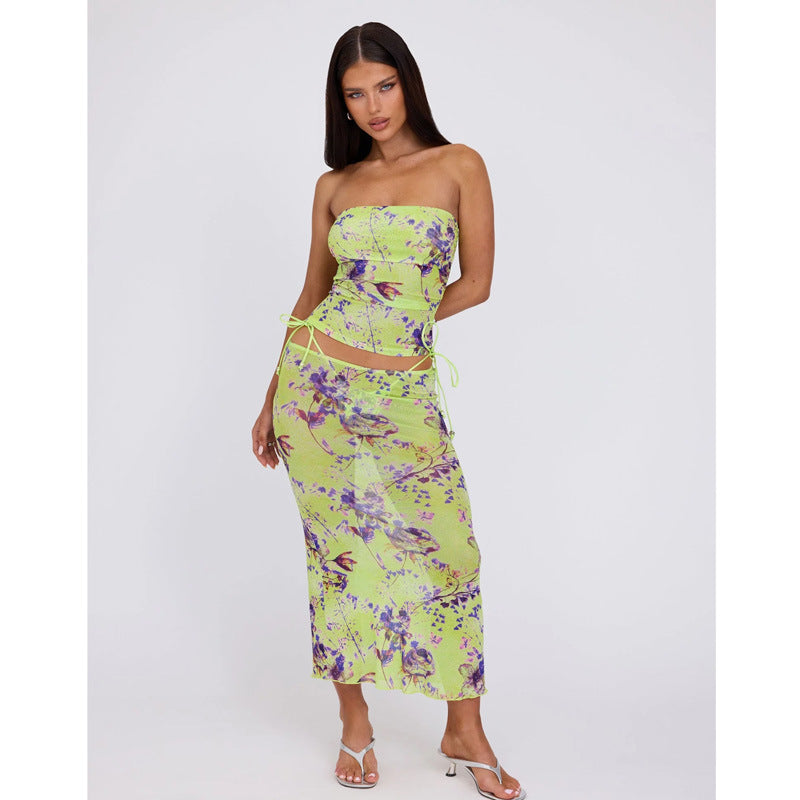 Swimsuit Split Resort Seaside Four Piece Set Printed Floral Lace for Women