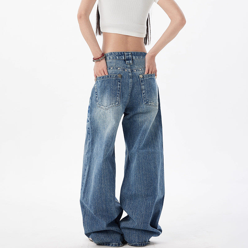 Retro Rivet Wide Leg Jeans for Women Slimming Loose Straight Jeans