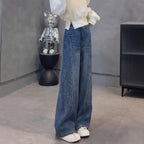Retro Rhinestone Decorated Wide-Leg Jeans Women