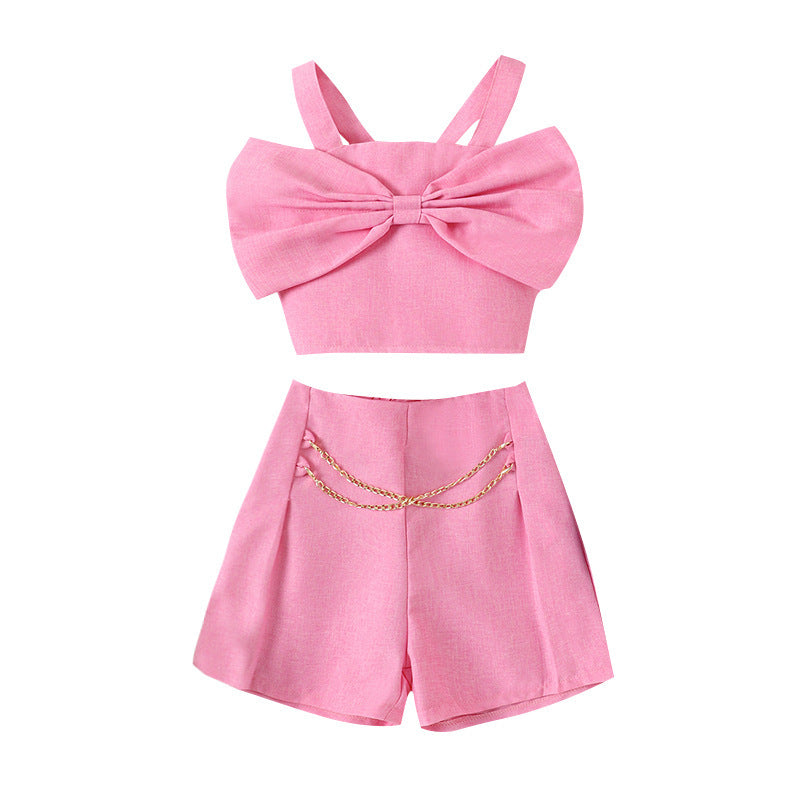 Solid color bow vest with hanging chain shorts two-piece set