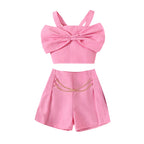 Solid color bow vest with hanging chain shorts two-piece set