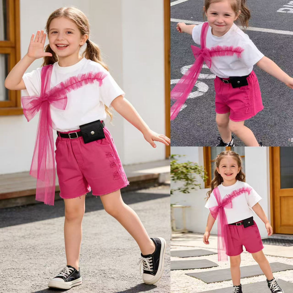 Short sleeved T-shirt denim shorts belt set