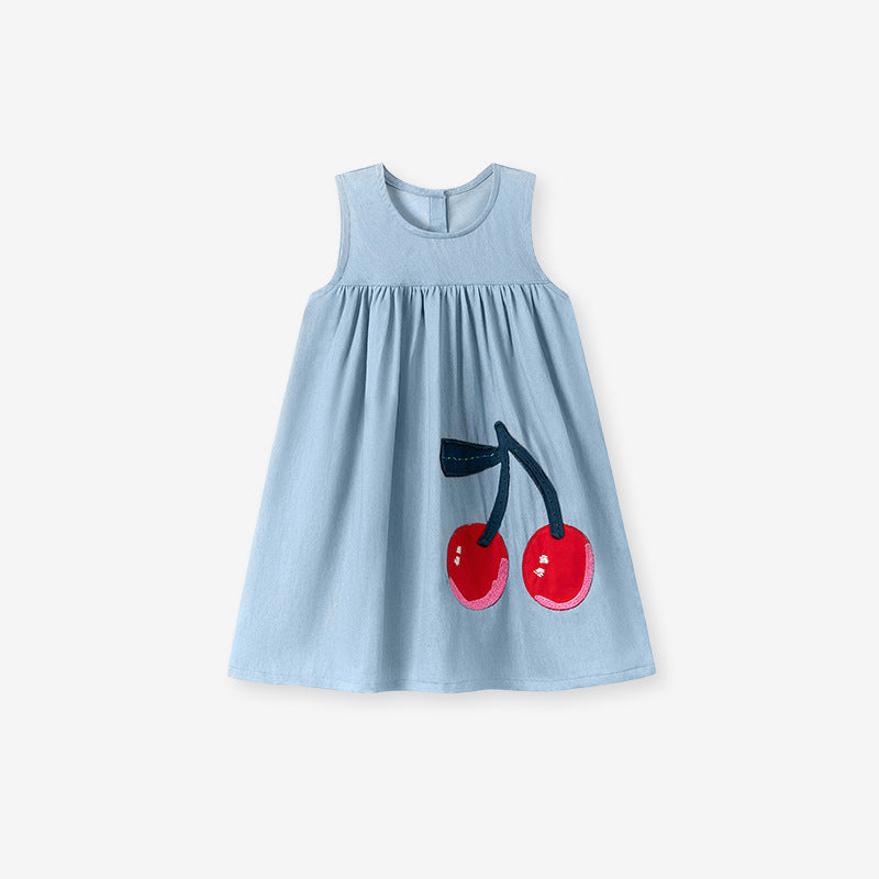 Girls' Sleeveless Dress Summer Children's Denim Dress Style Cute Cherry Kids Dress