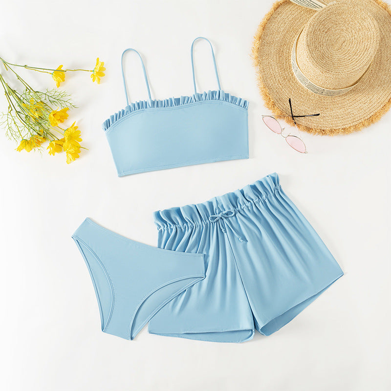 Solid Color Ruffle Separated Swimwear Set for Girls, Three-Piece Bathing Suit for Middle and Large Kids