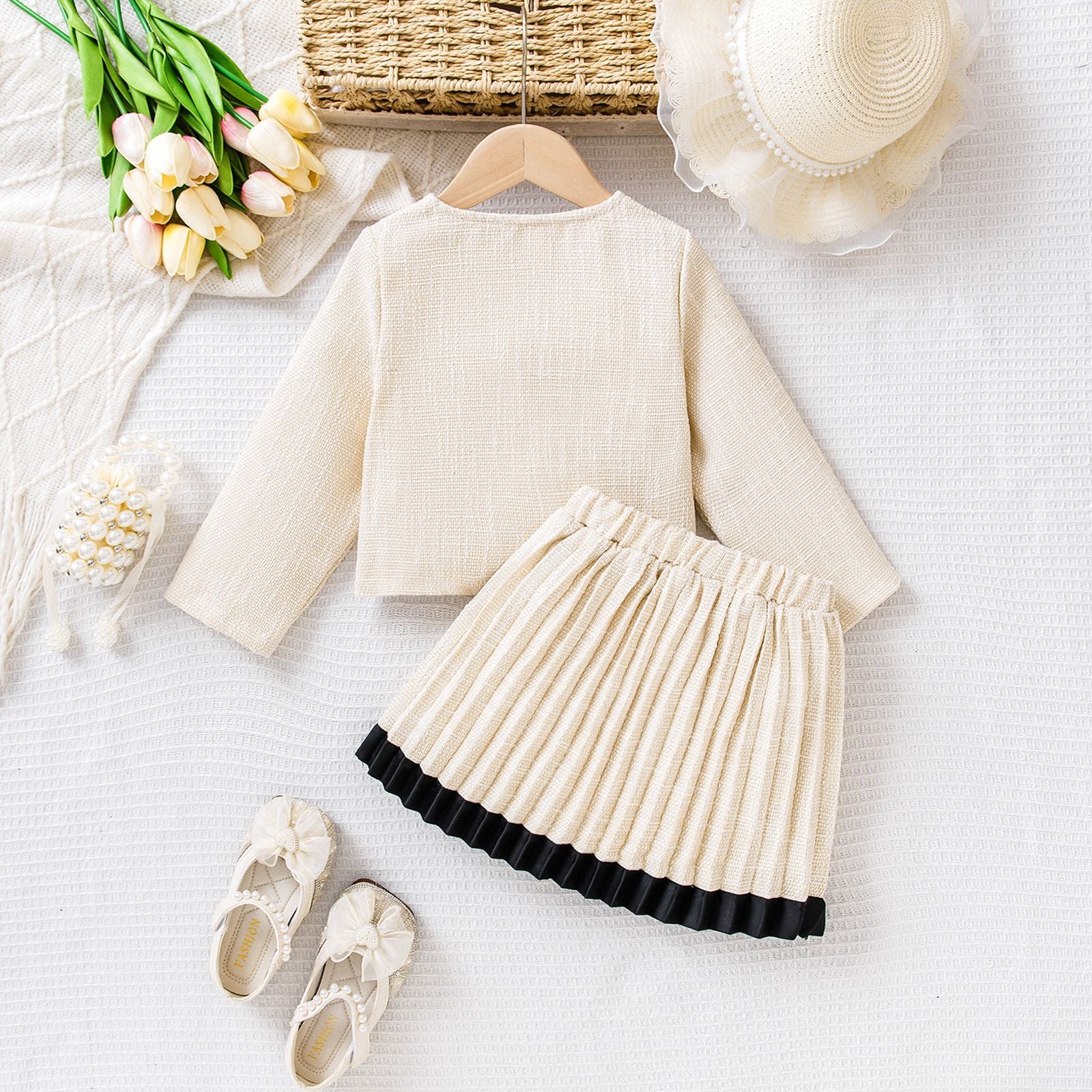 Bow coat pleated skirt set
