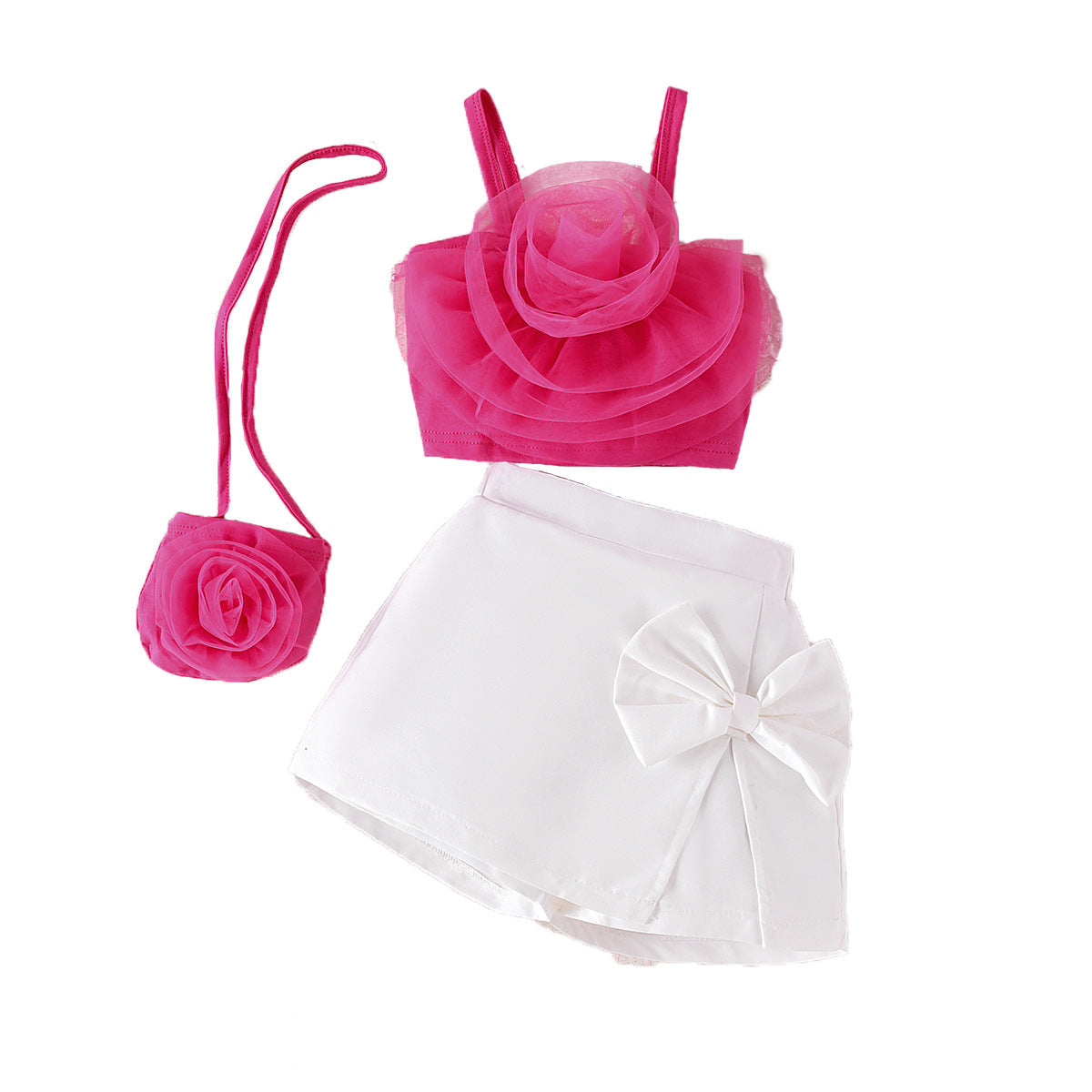 Flower top bow pants skirt set