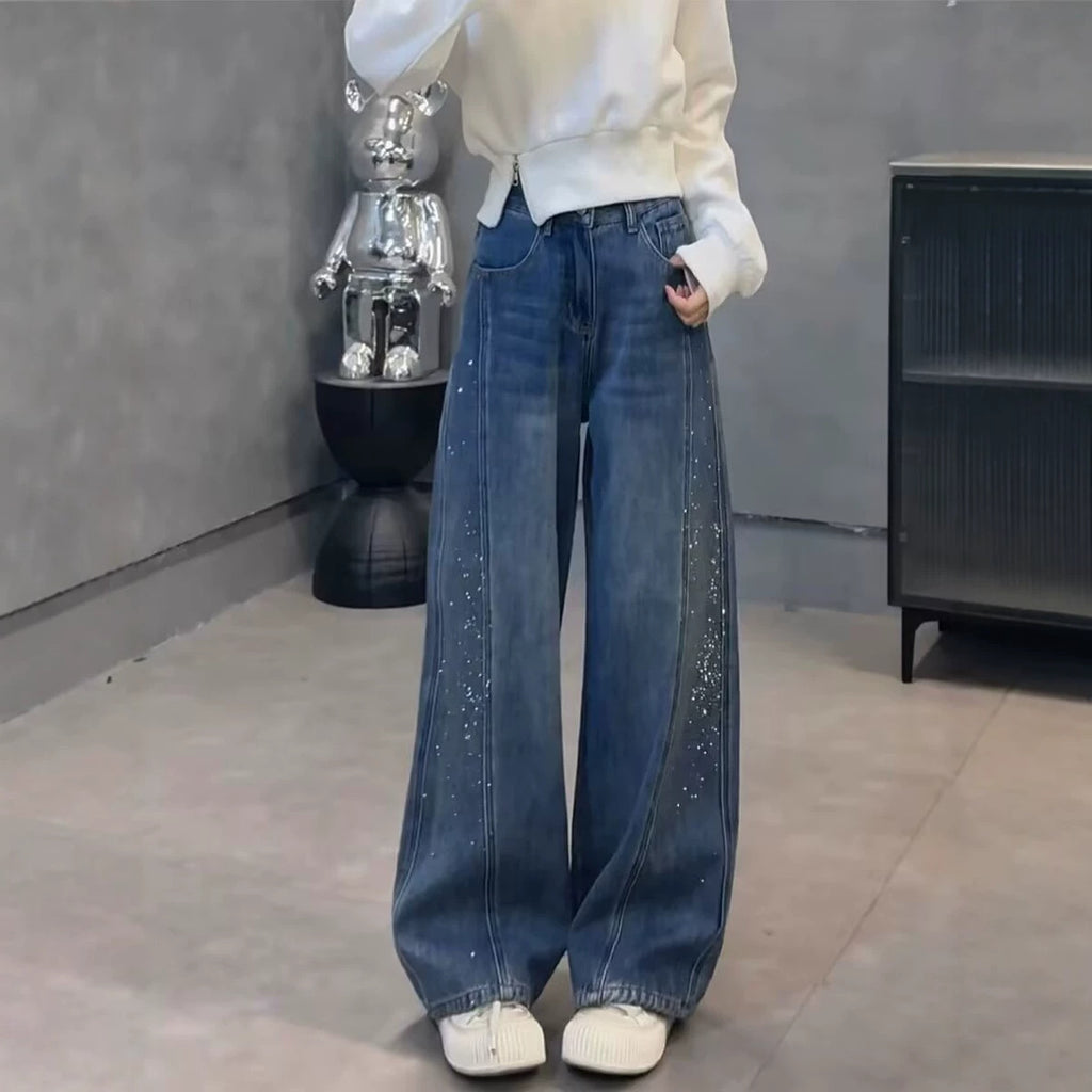 Retro Rhinestone Decorated Wide-Leg Jeans Women
