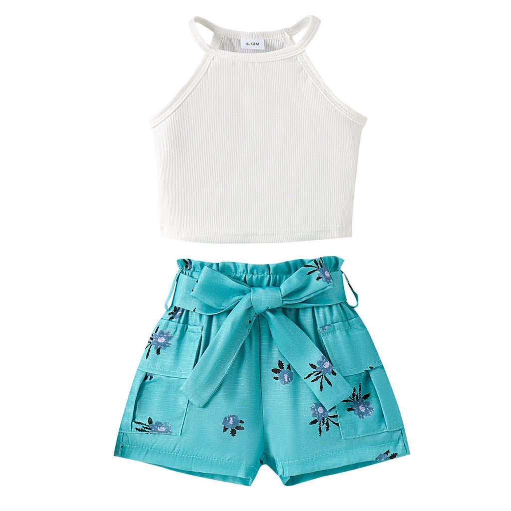 Lace neck top printed shorts set