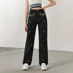 Jeans with Rhinestones Women High Waist Slimming Wide Leg Jeans  Jeans