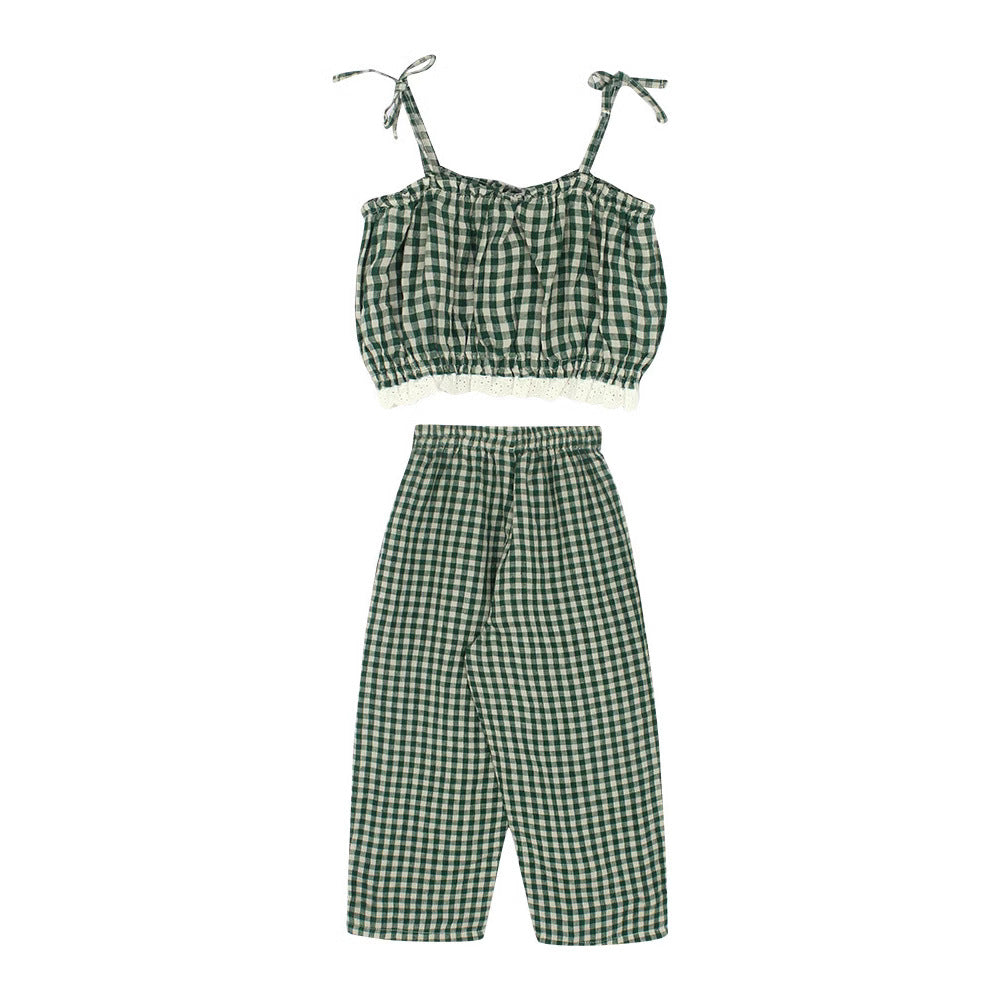 Girls' Casual Plaid Sleeveless Tank Top amp; Long Pants 2-Piece Set for Summer, Loose Fit Kids' Outfit