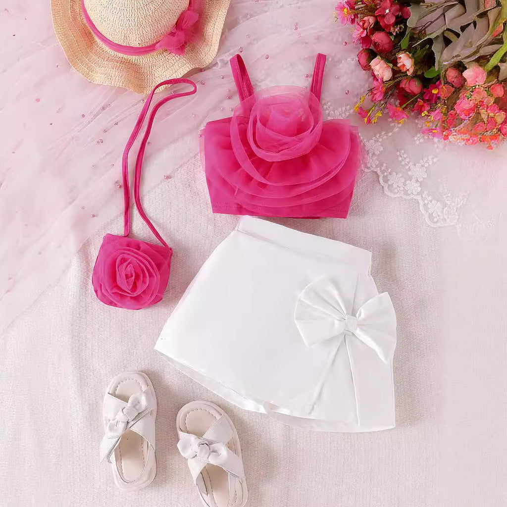 Flower top bow pants skirt set