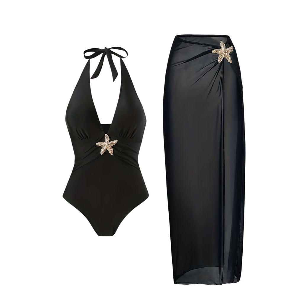 Solid color mesh one-piece swimsuit for women