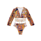 Sexy Deep V Tie-Up Printed Three-Piece Separated Swimsuit for Women