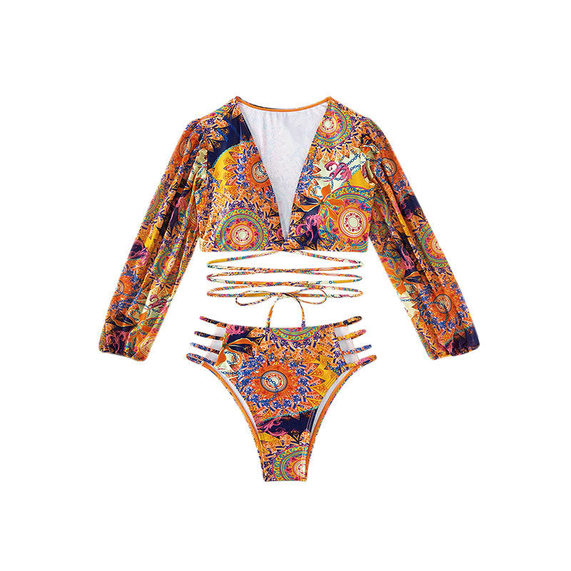 Sexy Deep V Tie-Up Printed Three-Piece Separated Swimsuit for Women