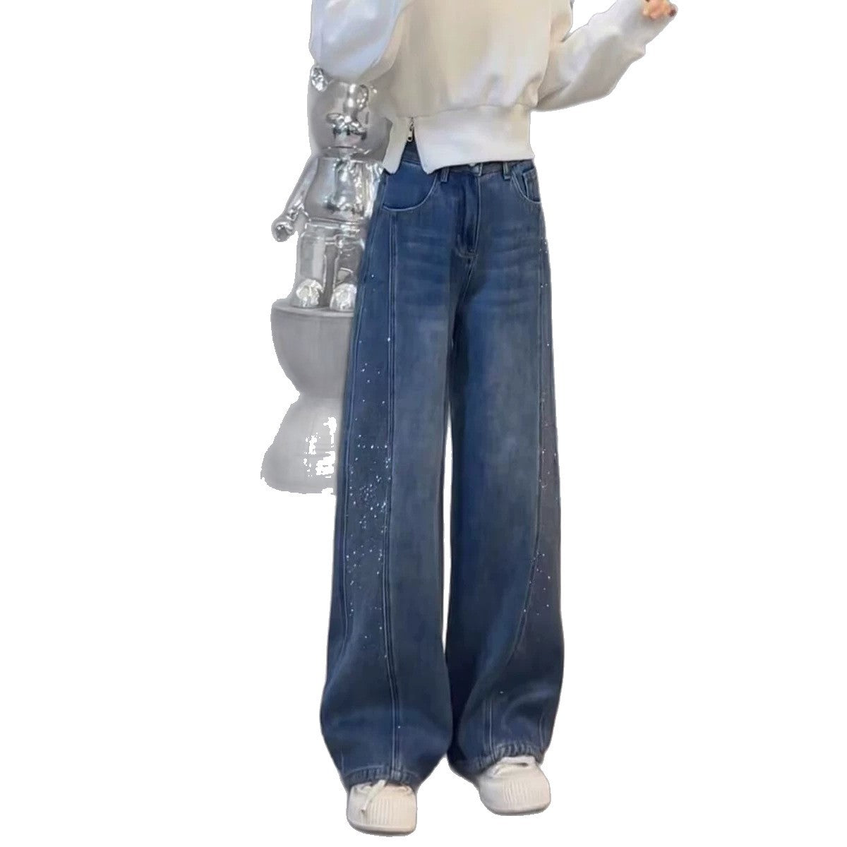 Retro Rhinestone Decorated Wide-Leg Jeans Women