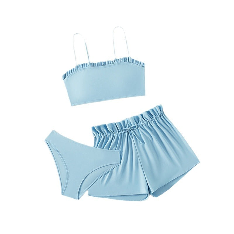 Solid Color Ruffle Separated Swimwear Set for Girls, Three-Piece Bathing Suit for Middle and Large Kids