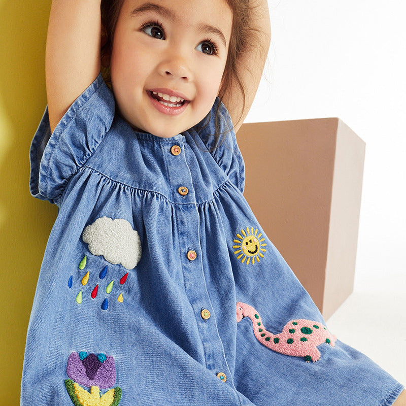 Girls' Short Sleeve Denim Dress Summer Kids Dress with Applique Cartoon Fashion Children's Dress