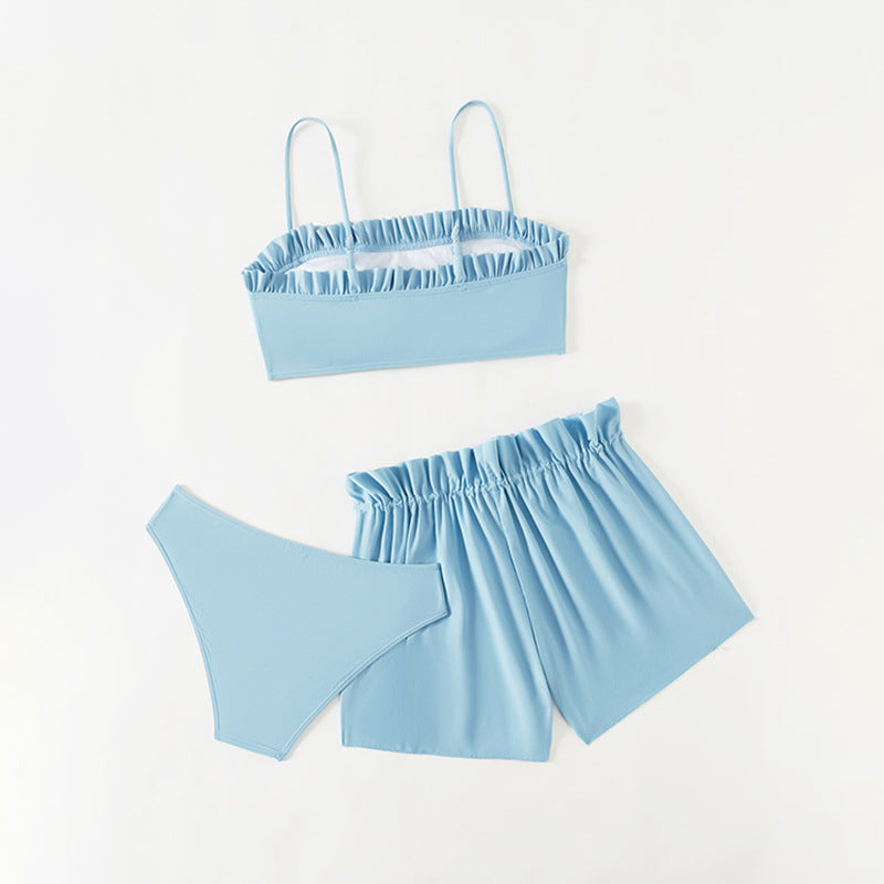 Solid Color Ruffle Separated Swimwear Set for Girls, Three-Piece Bathing Suit for Middle and Large Kids