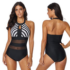 Export Sexy High-neck Striped One-piece Swimsuit for Women with Mesh Splicing, Deep Backless Design