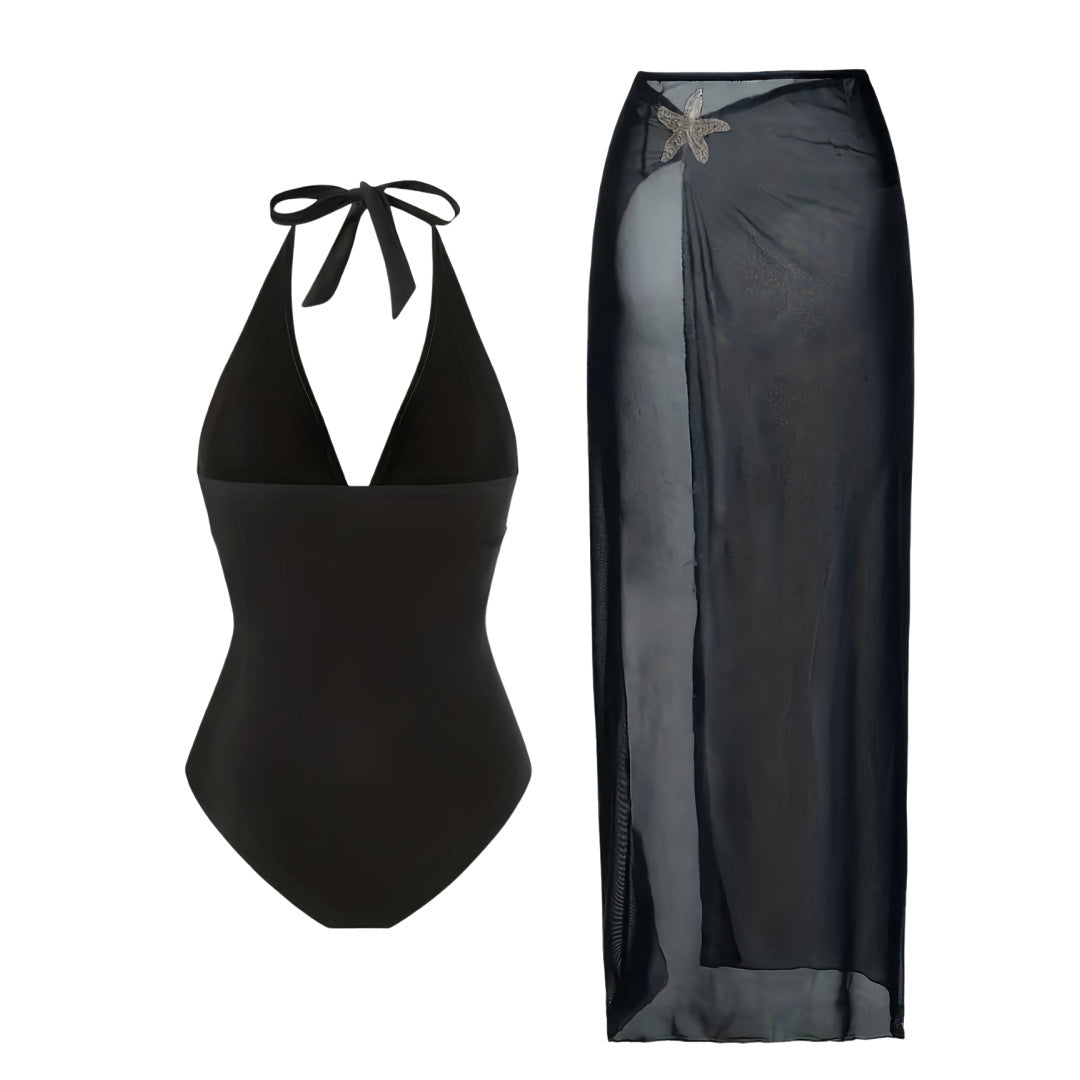 Solid color mesh one-piece swimsuit for women