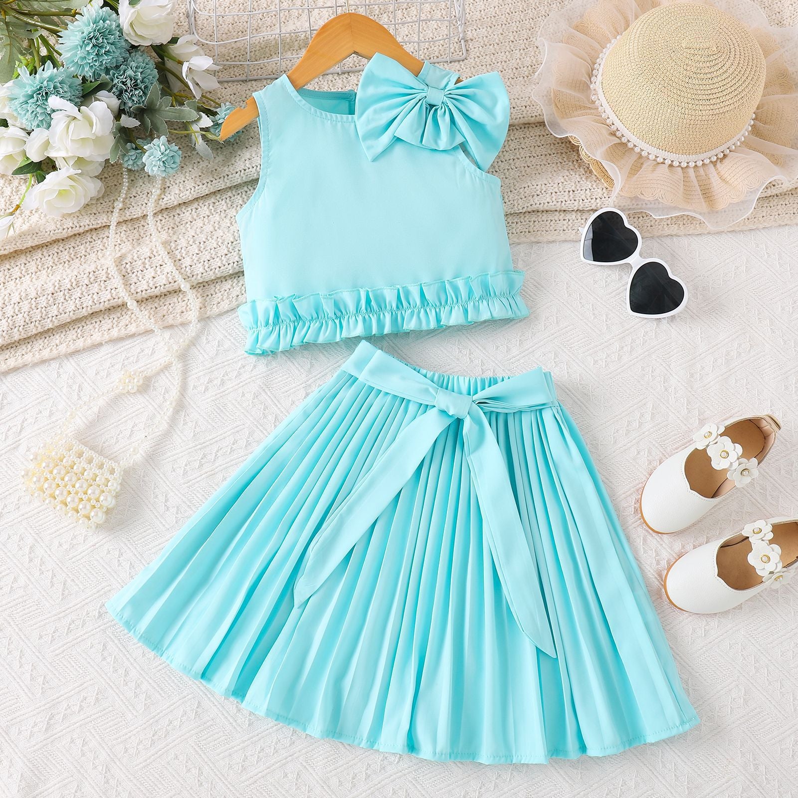 Bow top pleated skirt set