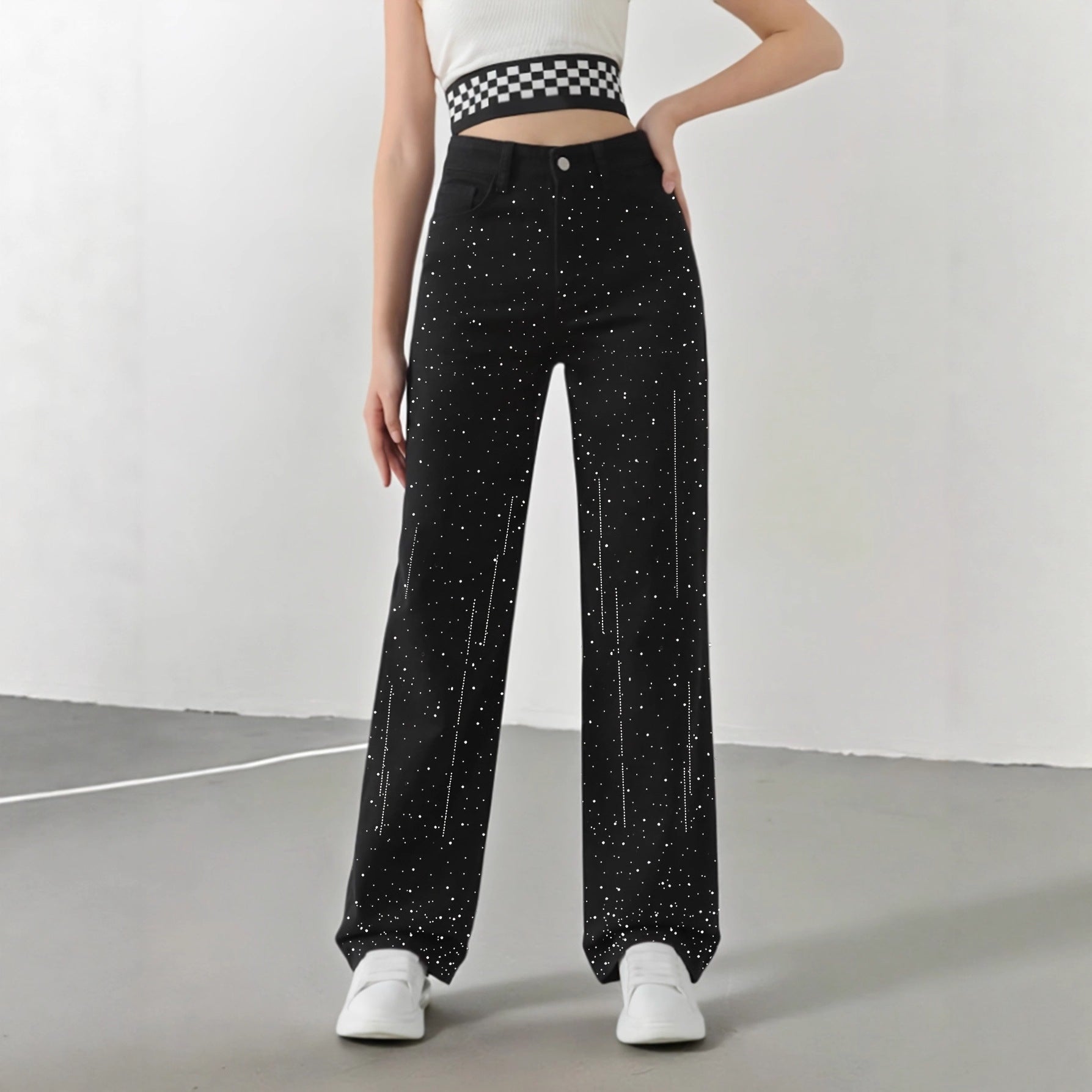 Jeans with Rhinestones Women High Waist Slimming Wide Leg Jeans  Jeans