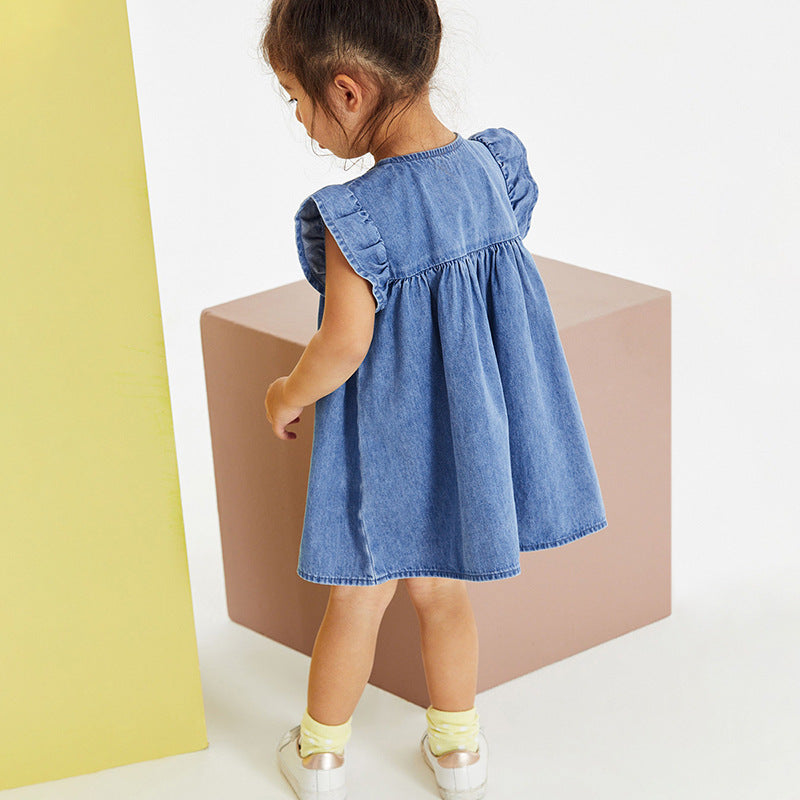 Girls' Short Sleeve Denim Dress Summer Kids Dress with Applique Cartoon Fashion Children's Dress