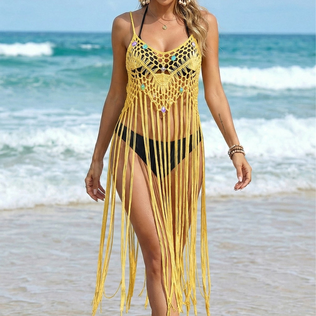 Hand-crocheted Strap Dress Vacation Long Fringe Bikini Cover-up for Women