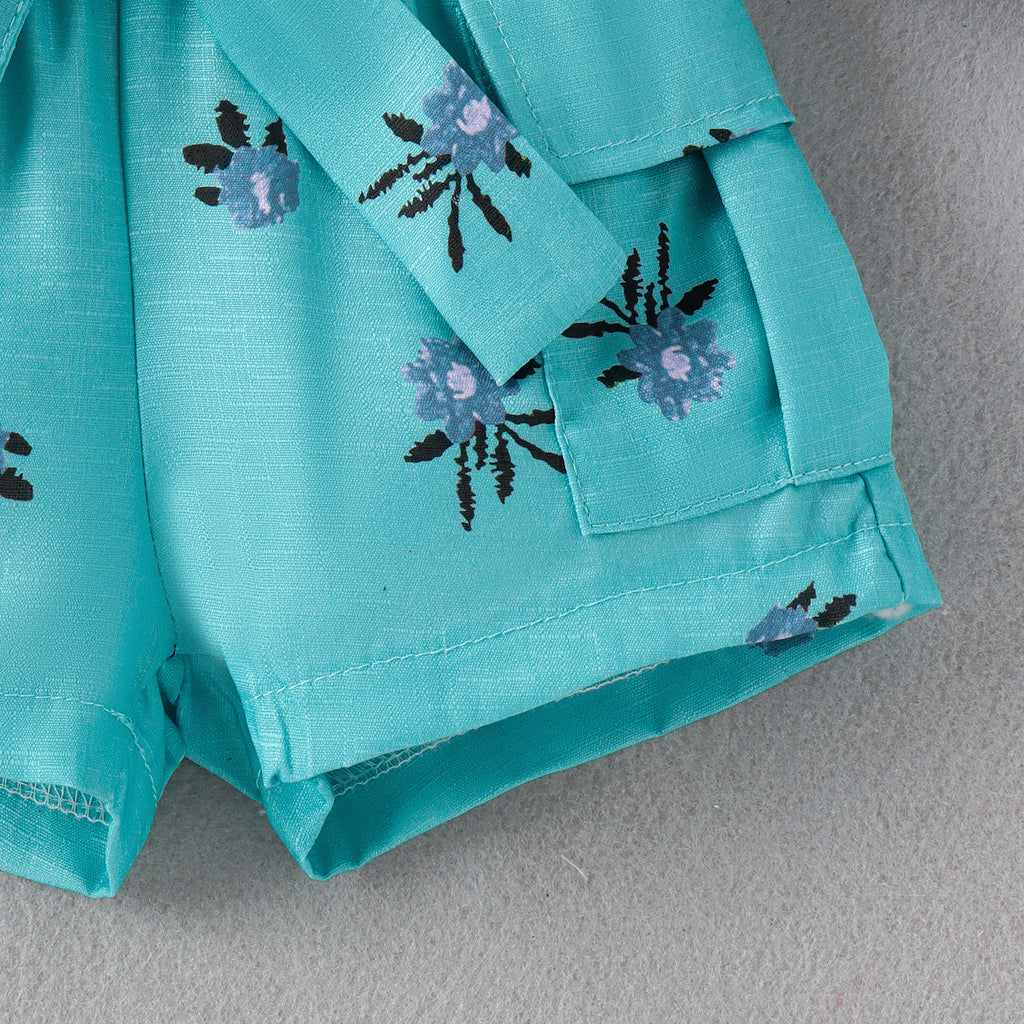 Lace neck top printed shorts set