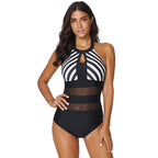 Export Sexy High-neck Striped One-piece Swimsuit for Women with Mesh Splicing, Deep Backless Design
