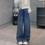 Retro Rhinestone Decorated Wide-Leg Jeans Women