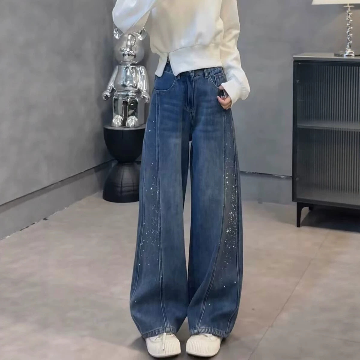 Retro Rhinestone Decorated Wide-Leg Jeans Women