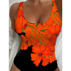 Orange flower print shoulder strap for women one-piece swimsuit for women