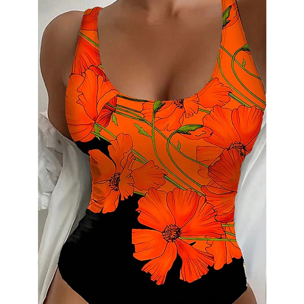 Orange flower print shoulder strap for women one-piece swimsuit for women