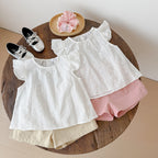 Girls' Summer  Flutter Sleeve Hollow-Out Cotton Princess A-Line Shirt Shorts Set