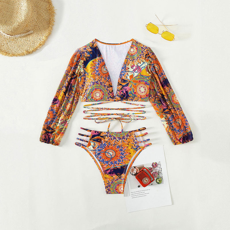 Sexy Deep V Tie-Up Printed Three-Piece Separated Swimsuit for Women