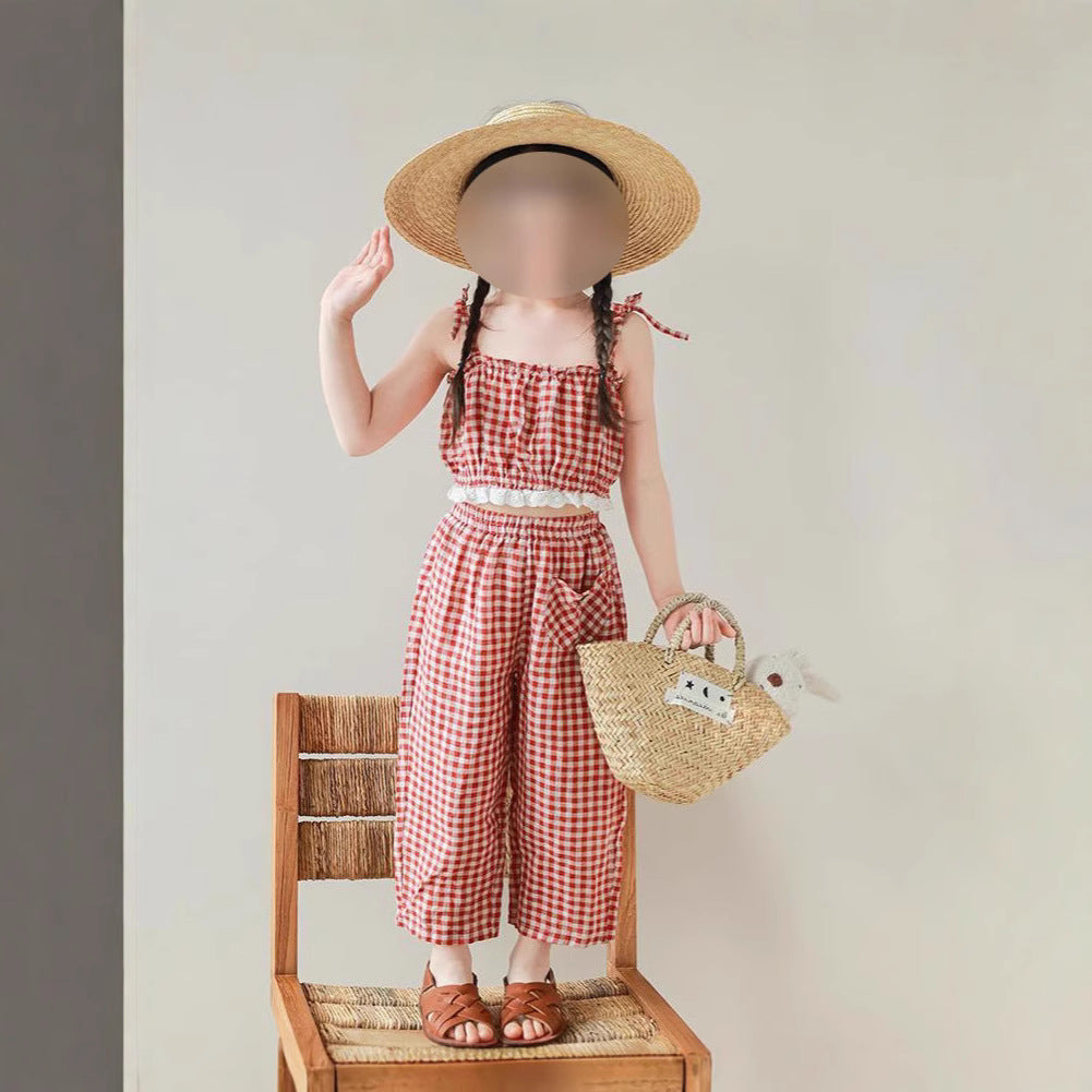 Girls' Casual Plaid Sleeveless Tank Top amp; Long Pants 2-Piece Set for Summer, Loose Fit Kids' Outfit