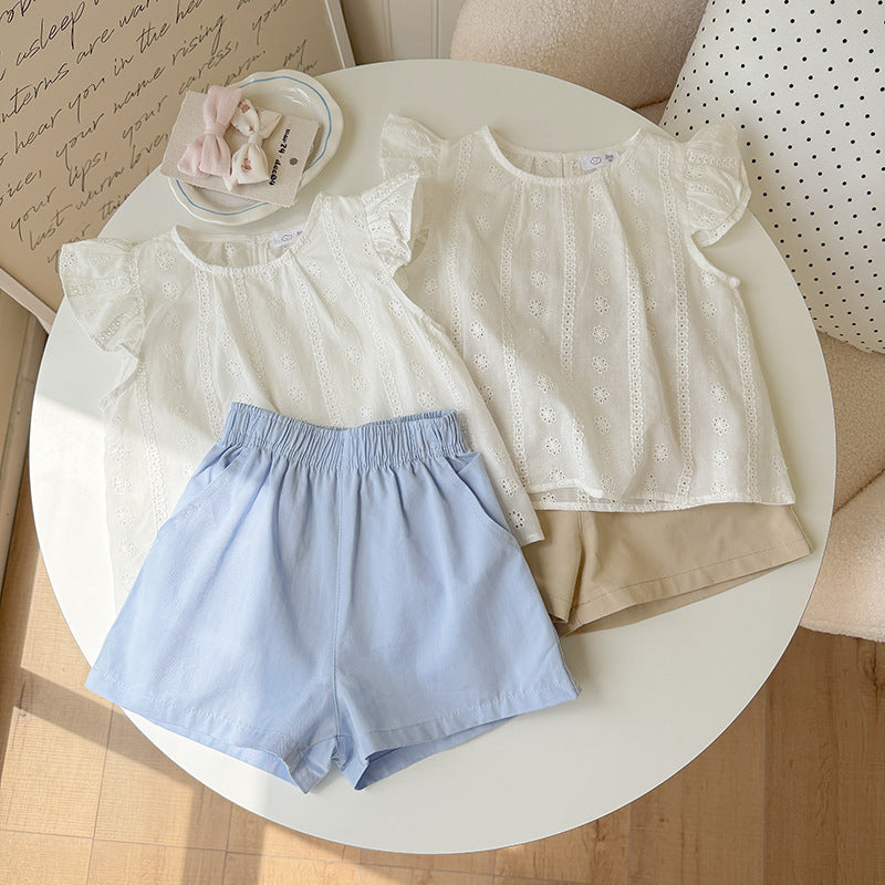 Girls' Summer  Flutter Sleeve Hollow-Out Cotton Princess A-Line Shirt Shorts Set