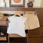 Girls' Summer  Flutter Sleeve Hollow-Out Cotton Princess A-Line Shirt Shorts Set