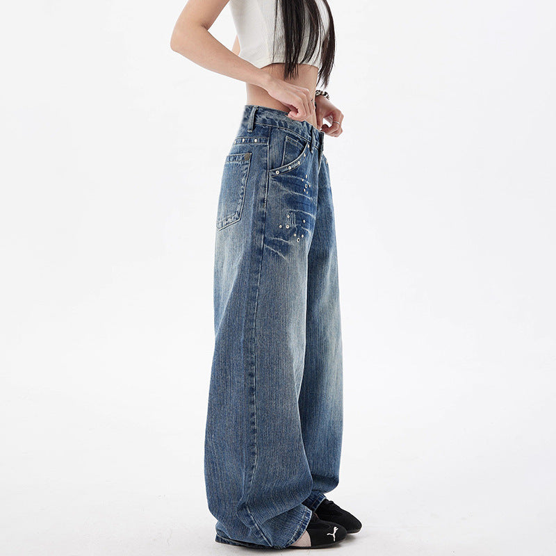 Retro Rivet Wide Leg Jeans for Women Slimming Loose Straight Jeans