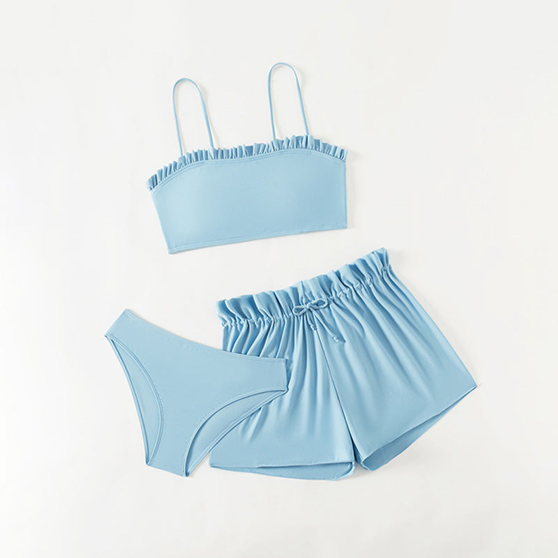 Solid Color Ruffle Separated Swimwear Set for Girls, Three-Piece Bathing Suit for Middle and Large Kids