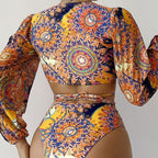Sexy Deep V Tie-Up Printed Three-Piece Separated Swimsuit for Women
