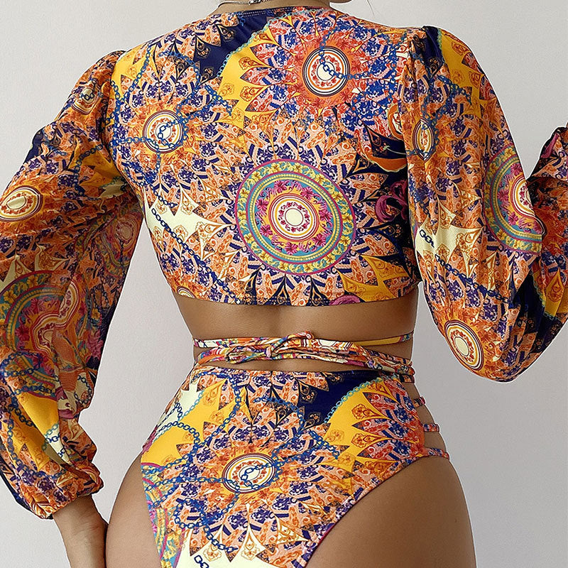 Sexy Deep V Tie-Up Printed Three-Piece Separated Swimsuit for Women