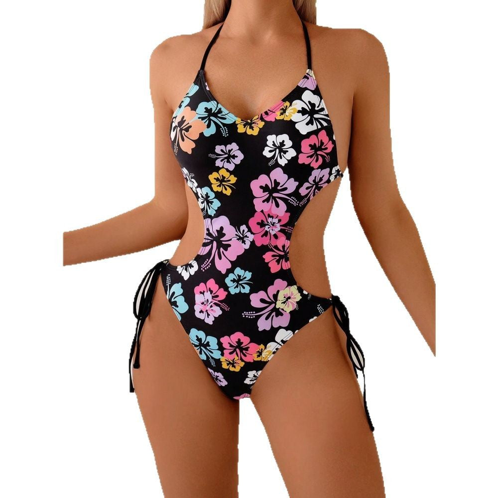 Flower print sexy backless drawstring hollow women's one-piece swimsuit